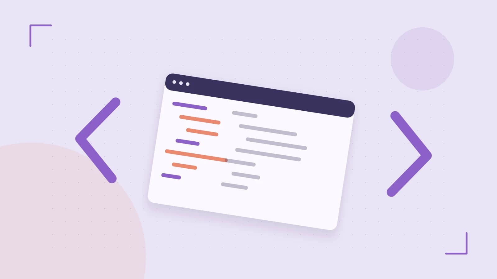 Editorial illustration of an abstract code editor, syntax blocks and oversized programming brackets