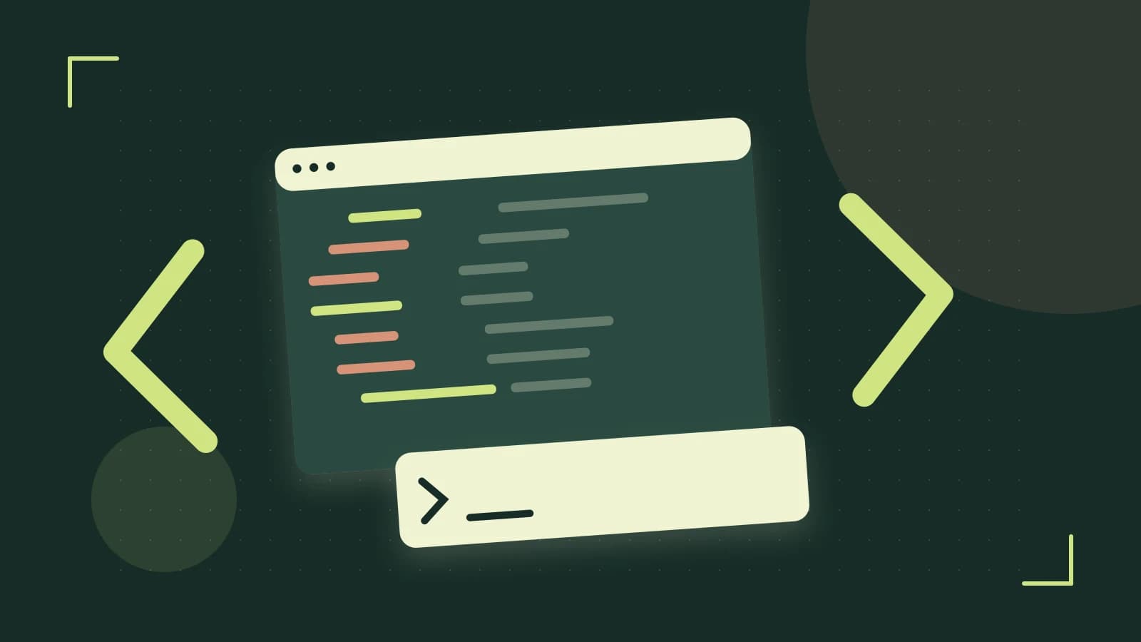 Editorial illustration of an abstract code editor, syntax blocks and oversized programming brackets