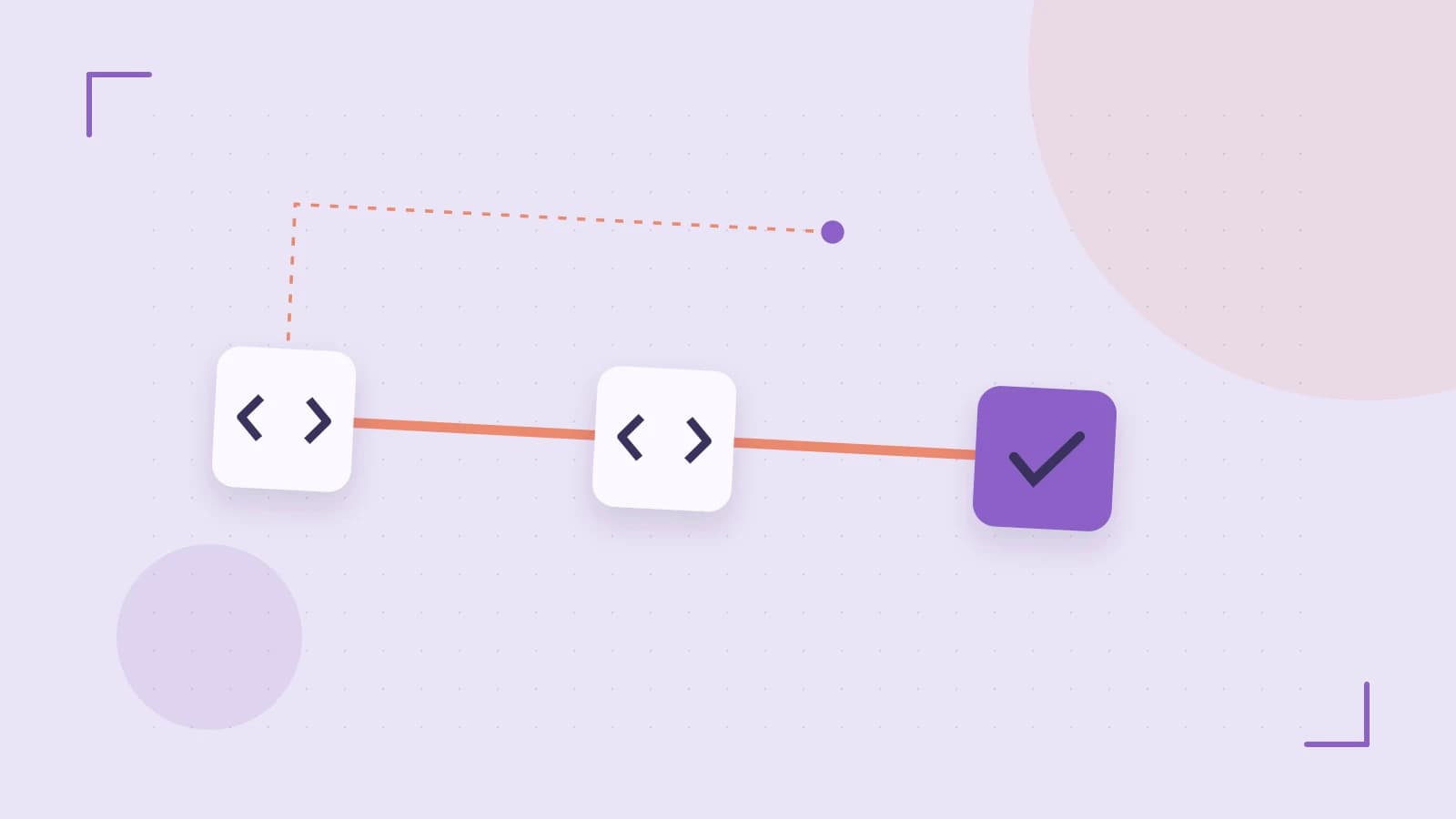 Editorial illustration of a branching build pipeline, staged transformations and a completed check