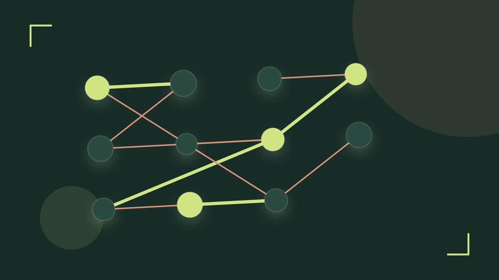 Editorial illustration of an algorithmic node graph with branching paths and a highlighted result