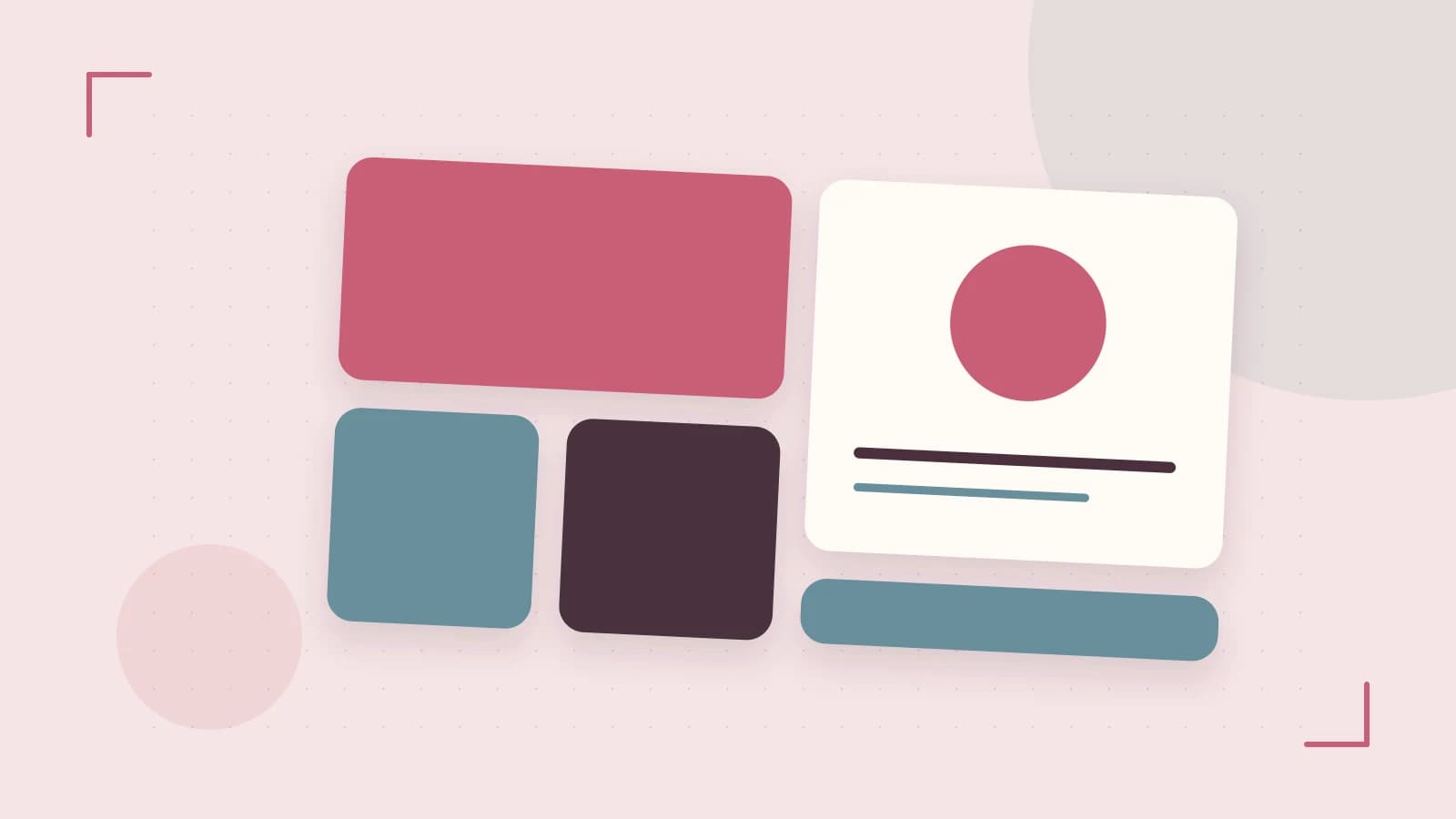 Editorial illustration of responsive browser layouts, overlapping design components and a color system