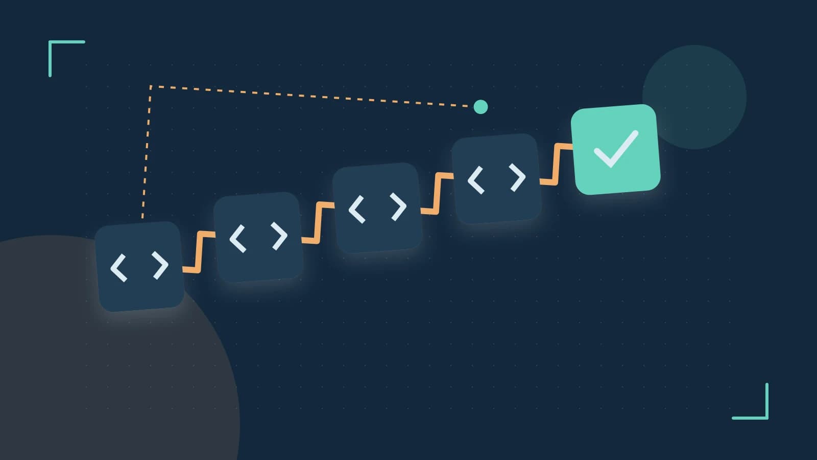 Editorial illustration of a branching build pipeline, staged transformations and a completed check