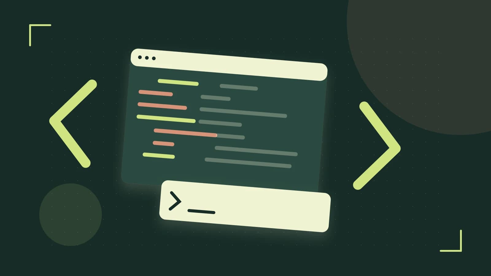 Editorial illustration of an abstract code editor, syntax blocks and oversized programming brackets