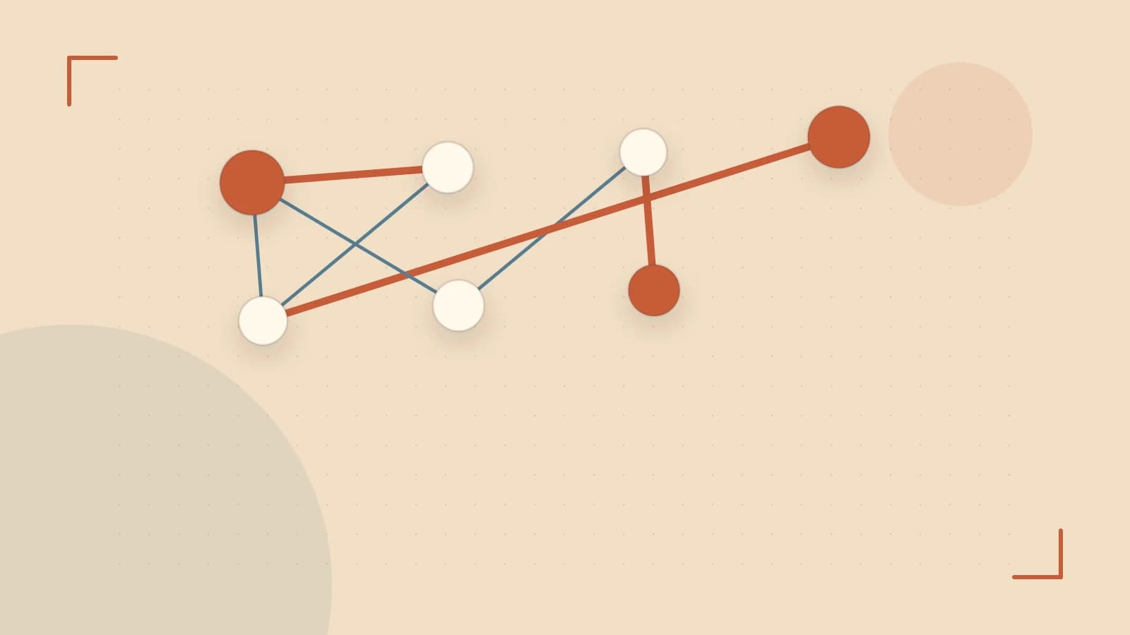 Editorial illustration of an algorithmic node graph with branching paths and a highlighted result