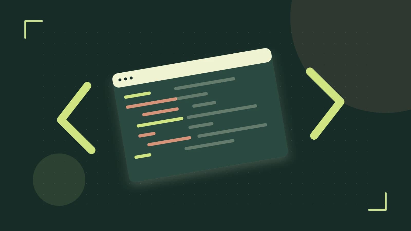 Editorial illustration of an abstract code editor, syntax blocks and oversized programming brackets
