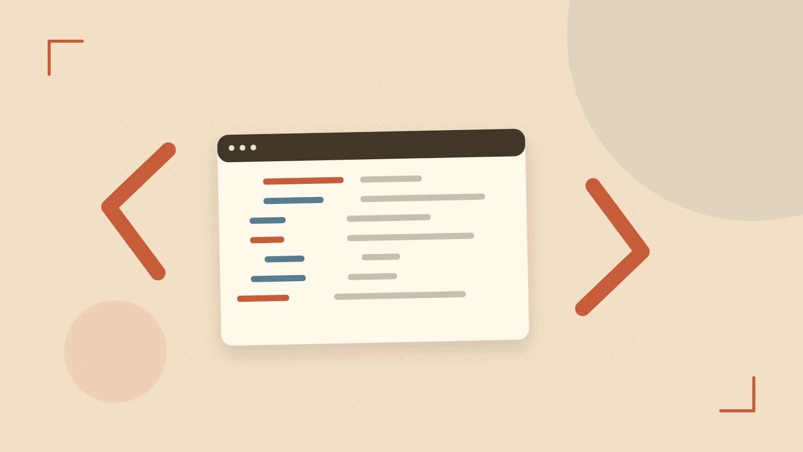 Editorial illustration of an abstract code editor, syntax blocks and oversized programming brackets