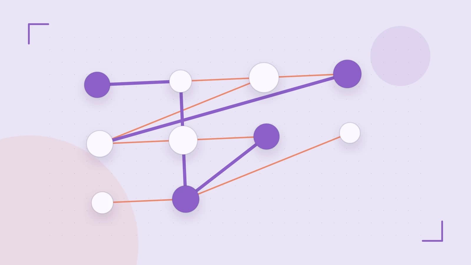 Editorial illustration of an algorithmic node graph with branching paths and a highlighted result