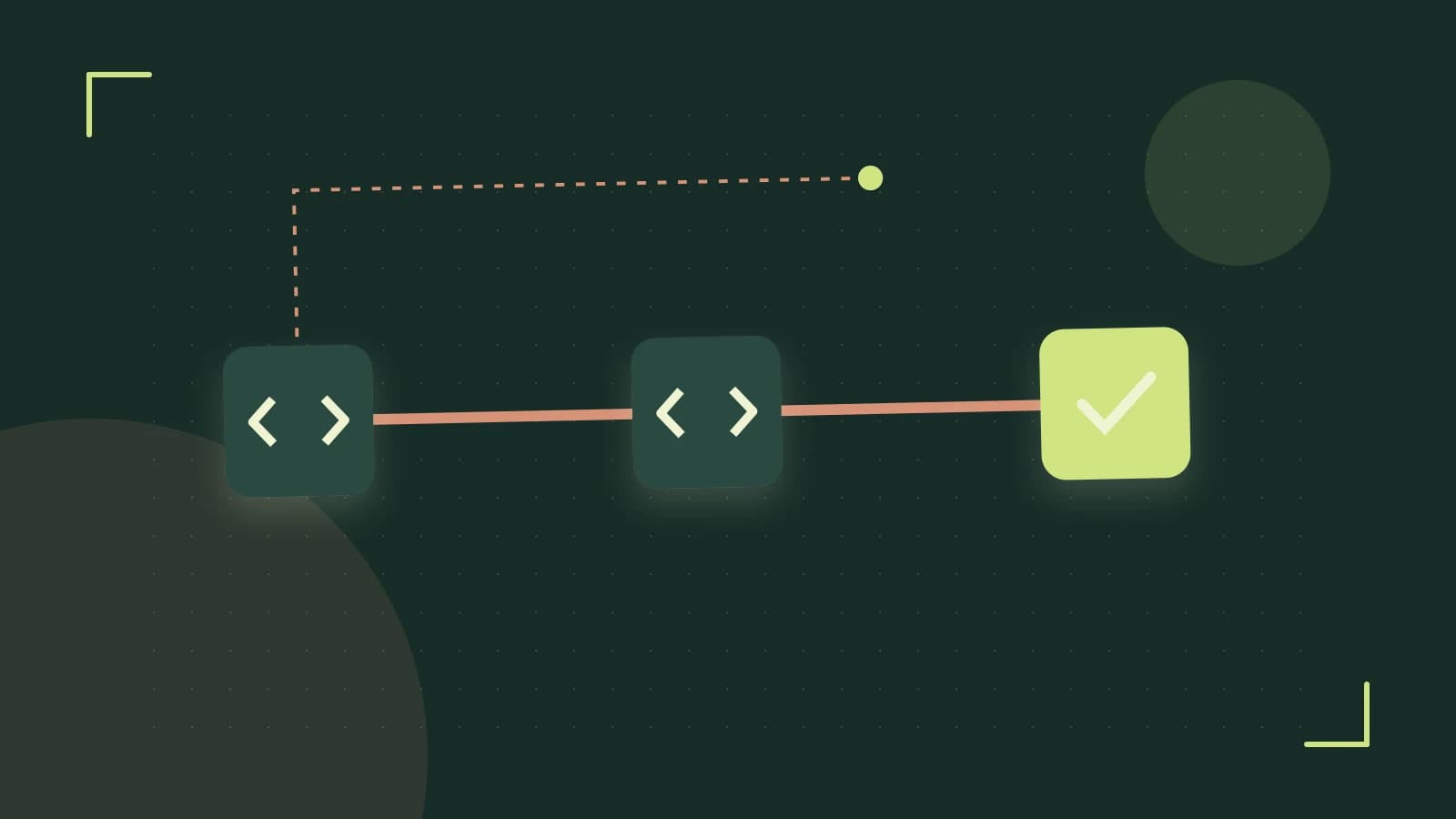 Editorial illustration of a branching build pipeline, staged transformations and a completed check