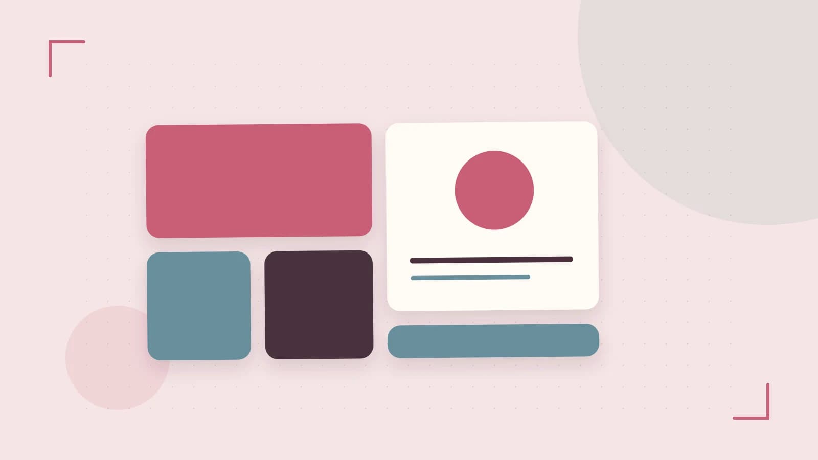 Editorial illustration of responsive browser layouts, overlapping design components and a color system