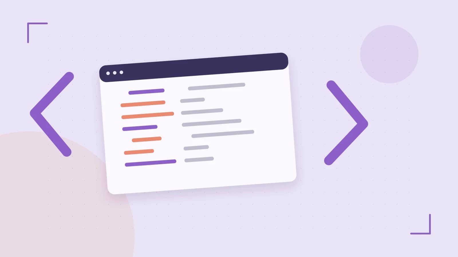 Editorial illustration of an abstract code editor, syntax blocks and oversized programming brackets