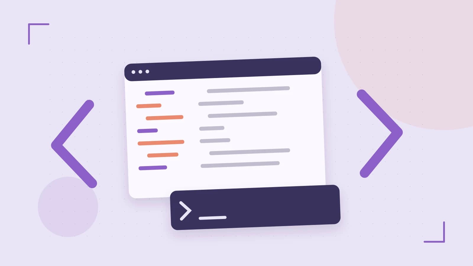 Editorial illustration of an abstract code editor, syntax blocks and oversized programming brackets