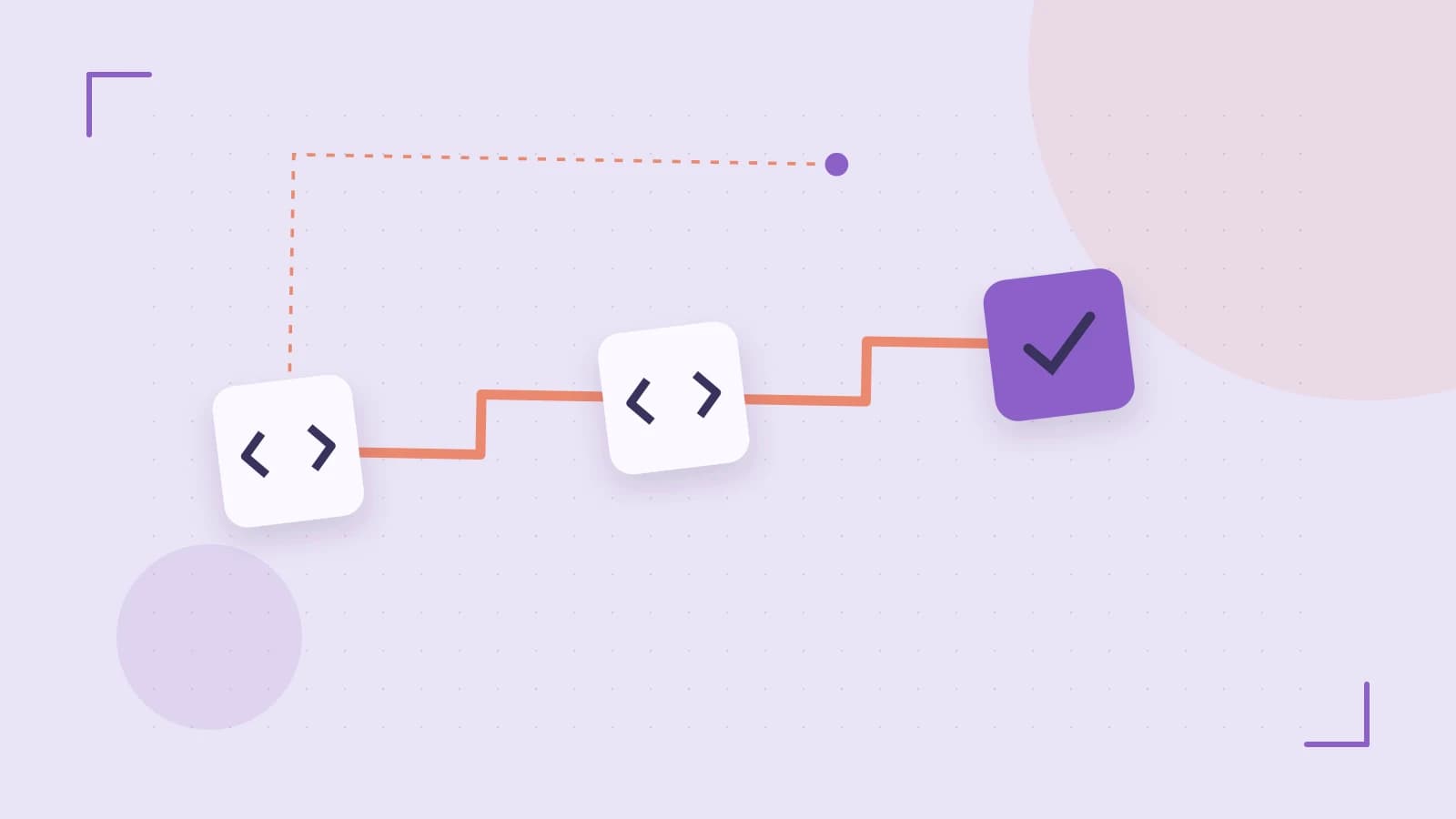 Editorial illustration of a branching build pipeline, staged transformations and a completed check