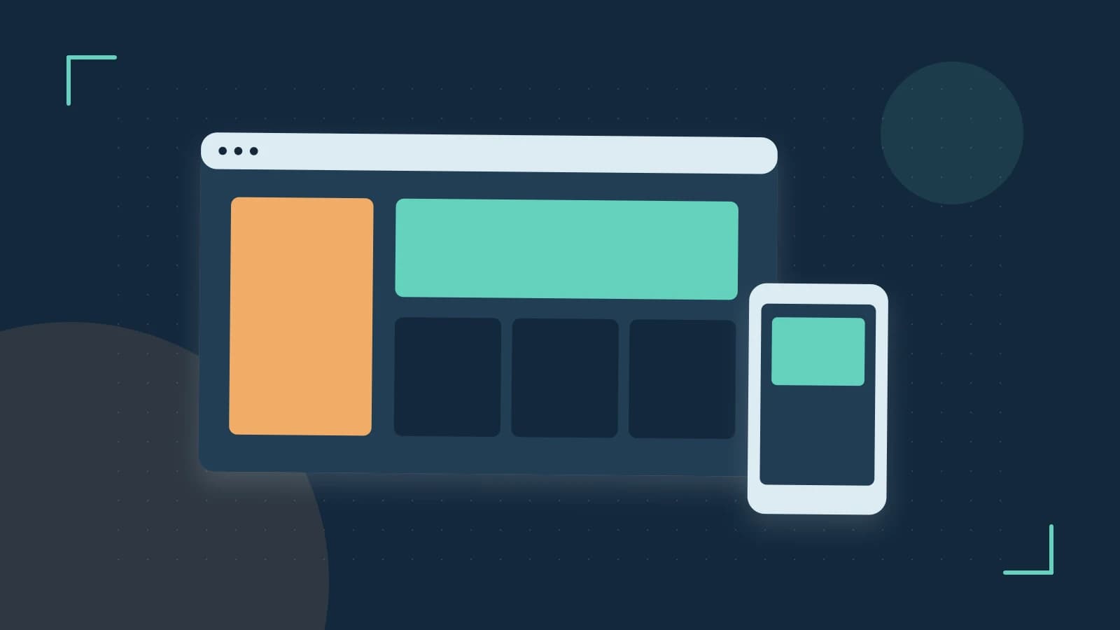 Editorial illustration of responsive browser layouts, overlapping design components and a color system