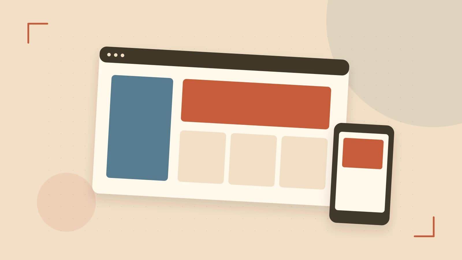 Editorial illustration of responsive browser layouts, overlapping design components and a color system