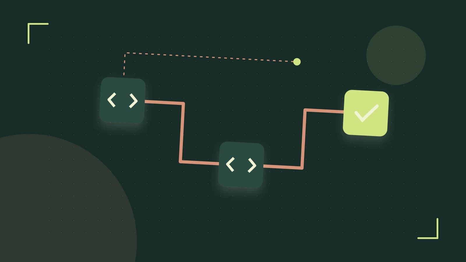 Editorial illustration of a branching build pipeline, staged transformations and a completed check