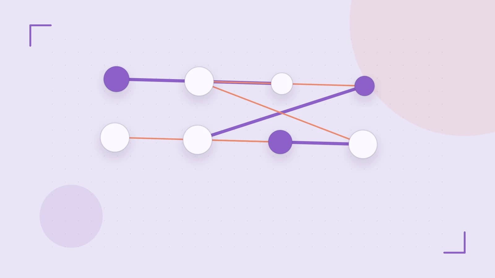 Editorial illustration of an algorithmic node graph with branching paths and a highlighted result