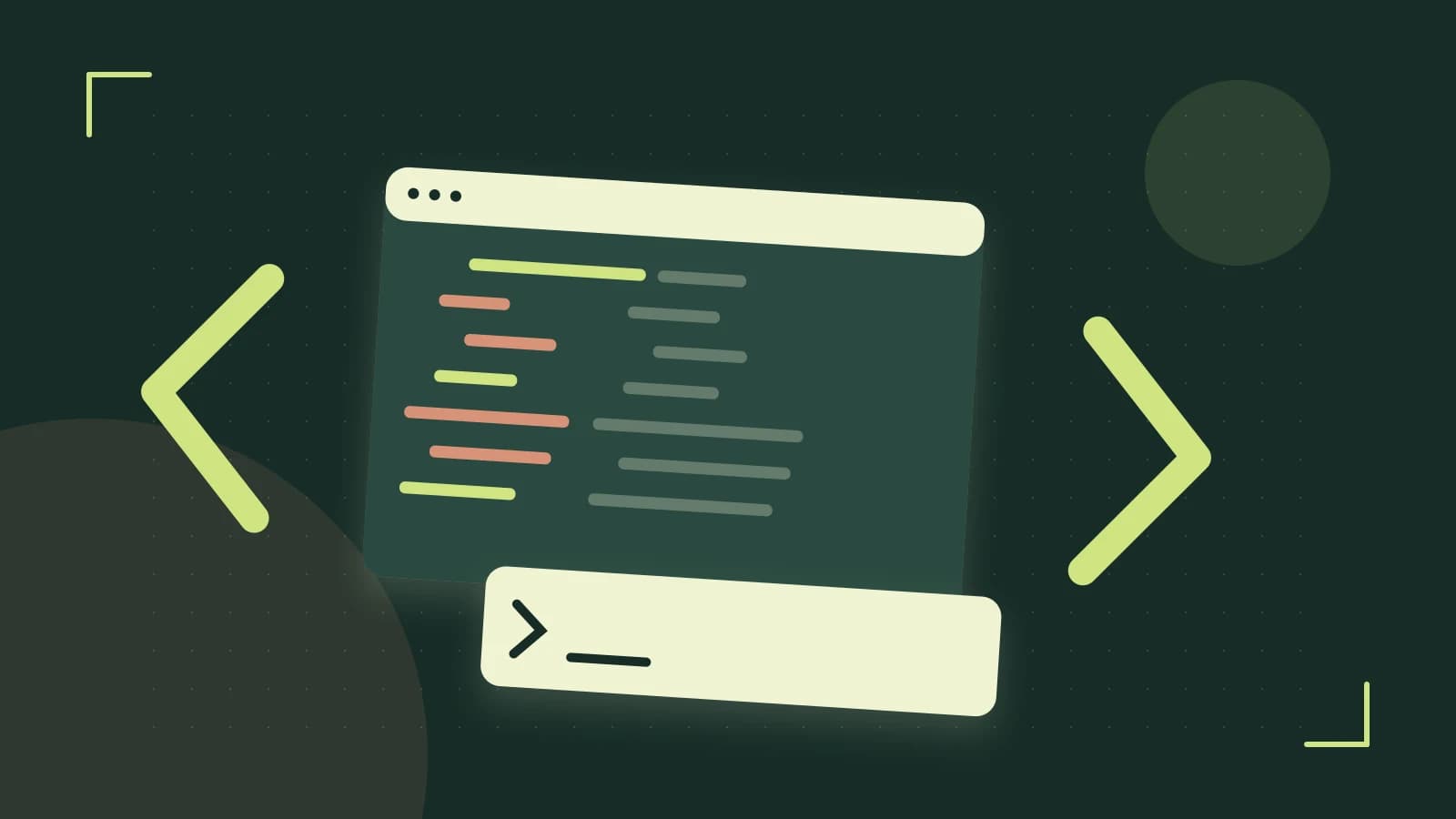 Editorial illustration of an abstract code editor, syntax blocks and oversized programming brackets