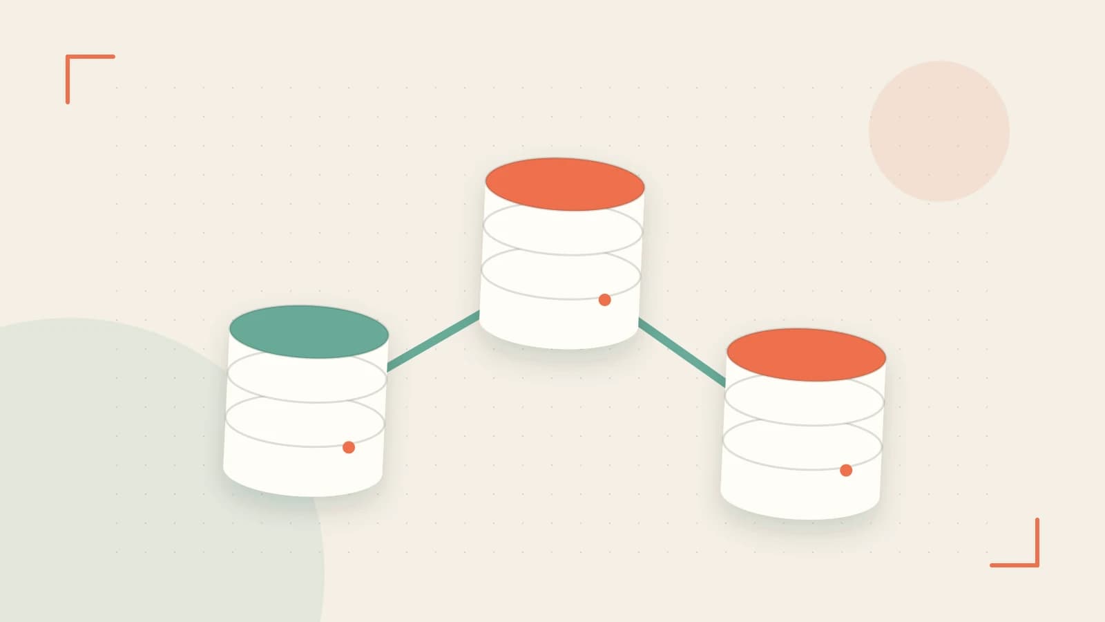 Editorial illustration of structured records, database cylinders and relationships between tables