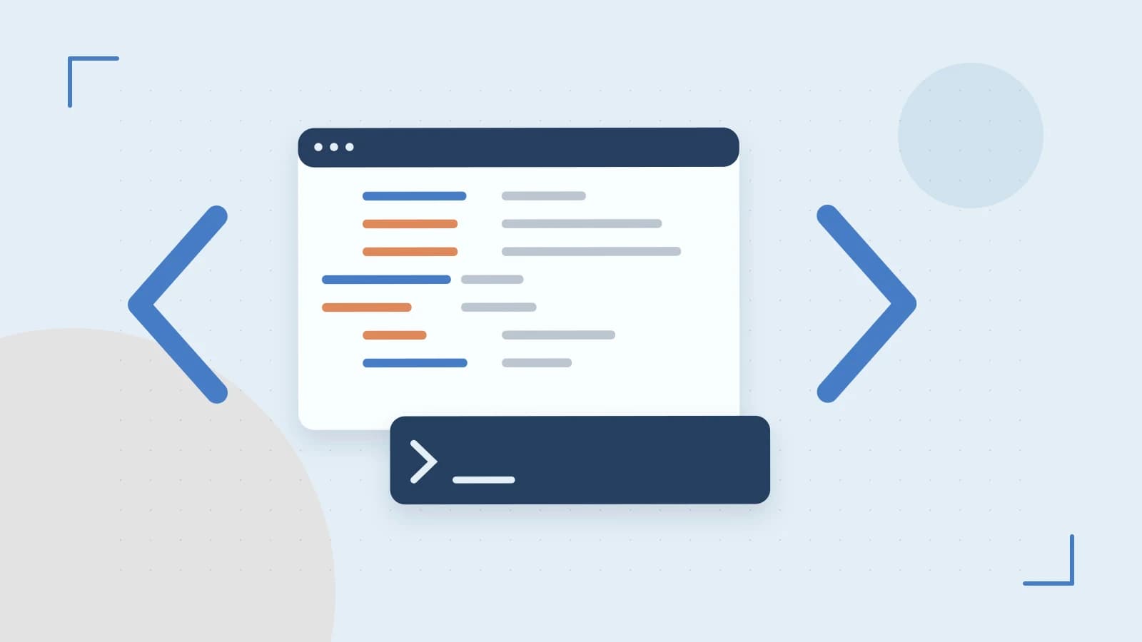 Editorial illustration of an abstract code editor, syntax blocks and oversized programming brackets