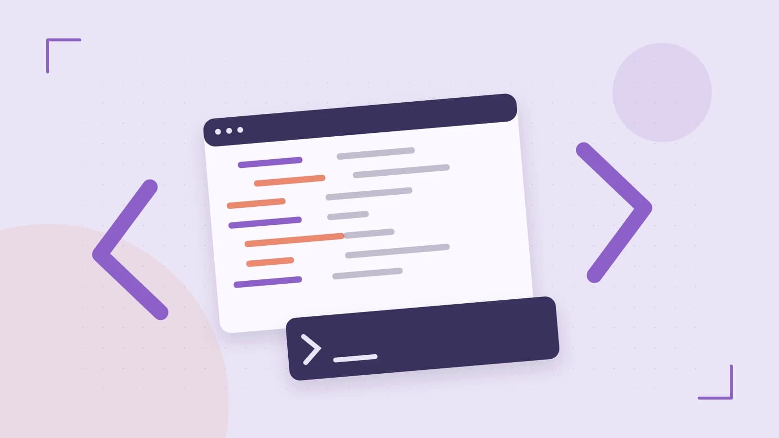 Editorial illustration of an abstract code editor, syntax blocks and oversized programming brackets