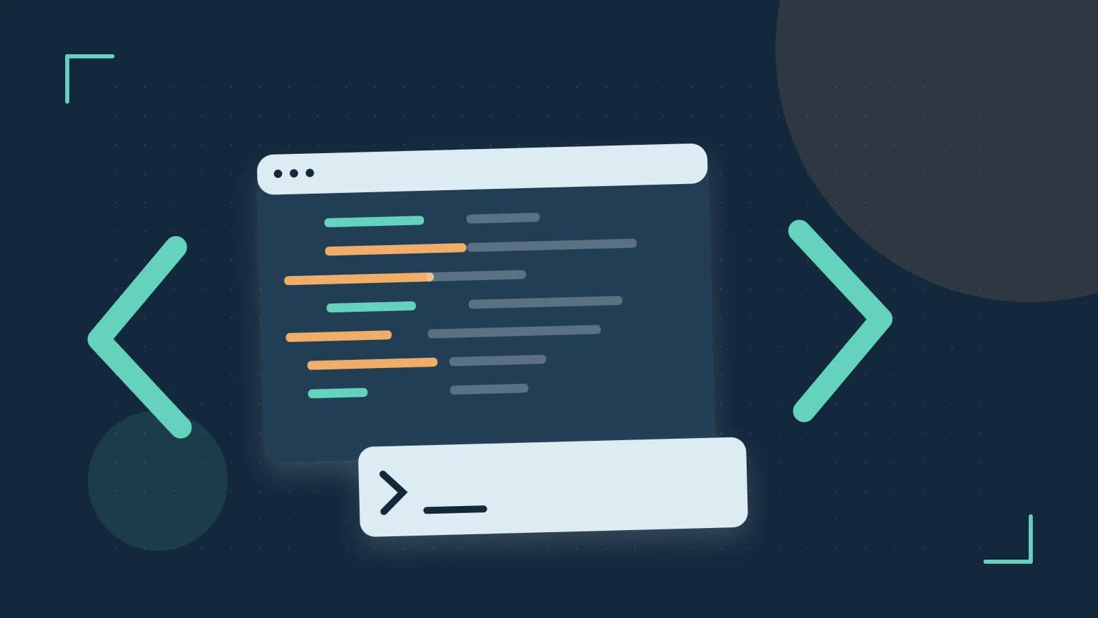 Editorial illustration of an abstract code editor, syntax blocks and oversized programming brackets