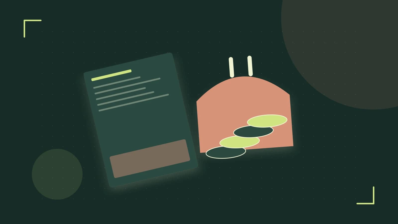 Editorial illustration of abstract coins, a payment card and a geometric financial chart without data labels
