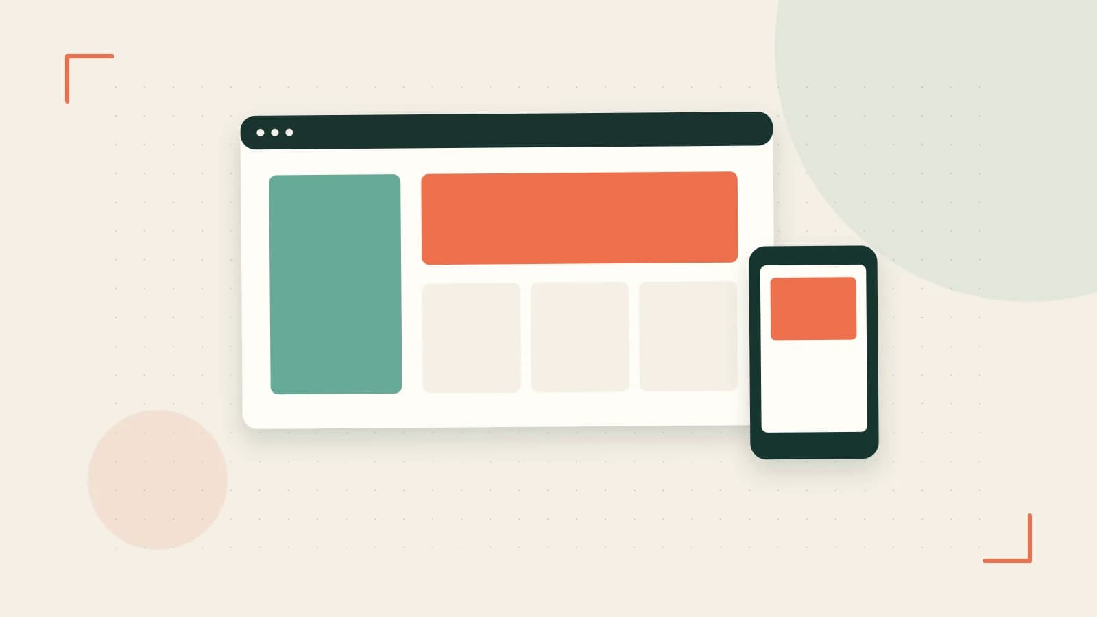 Editorial illustration of responsive browser layouts, overlapping design components and a color system