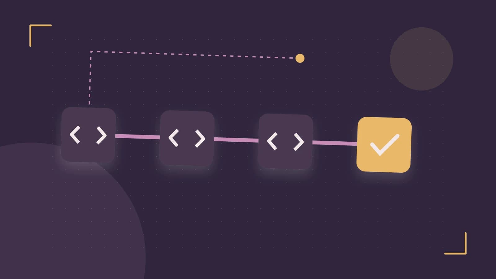 Editorial illustration of a branching build pipeline, staged transformations and a completed check