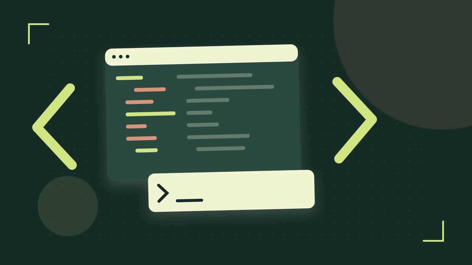 Editorial illustration of an abstract code editor, syntax blocks and oversized programming brackets