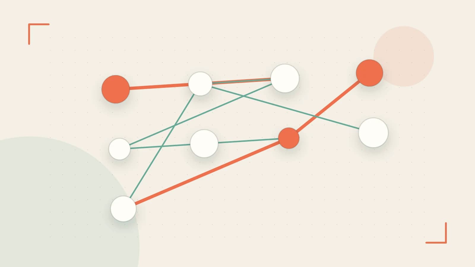 Editorial illustration of an algorithmic node graph with branching paths and a highlighted result
