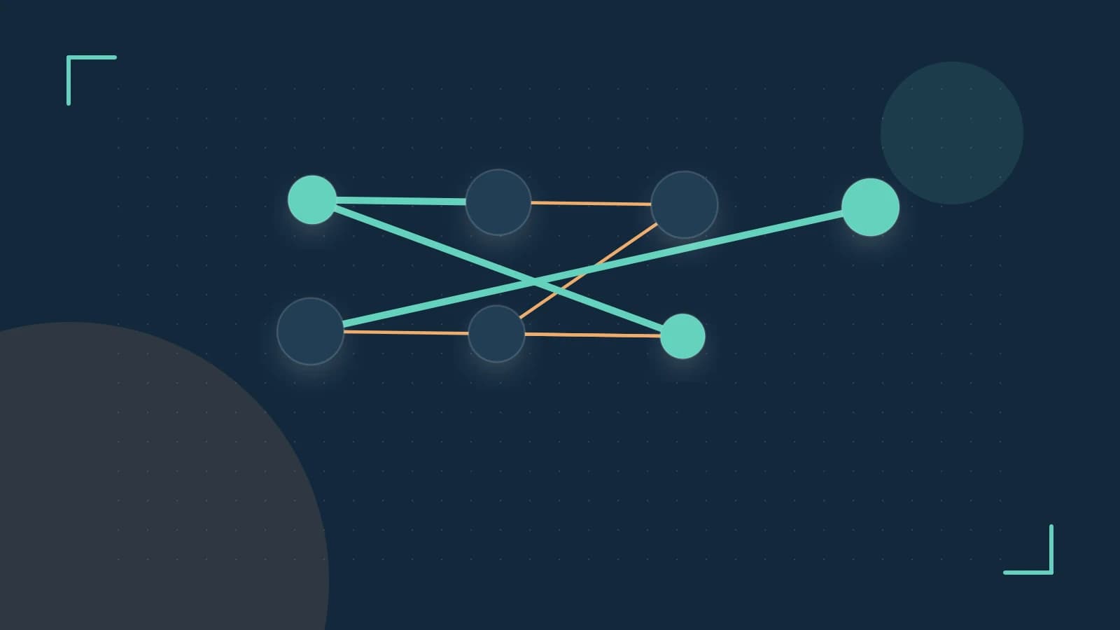 Editorial illustration of an algorithmic node graph with branching paths and a highlighted result