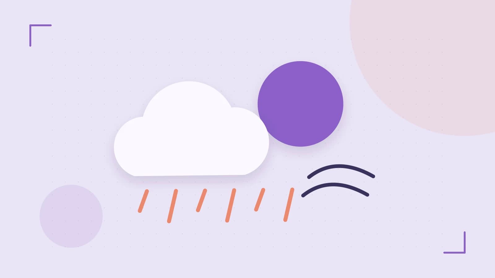 Editorial illustration of a sun, layered clouds, raindrops and flowing weather patterns