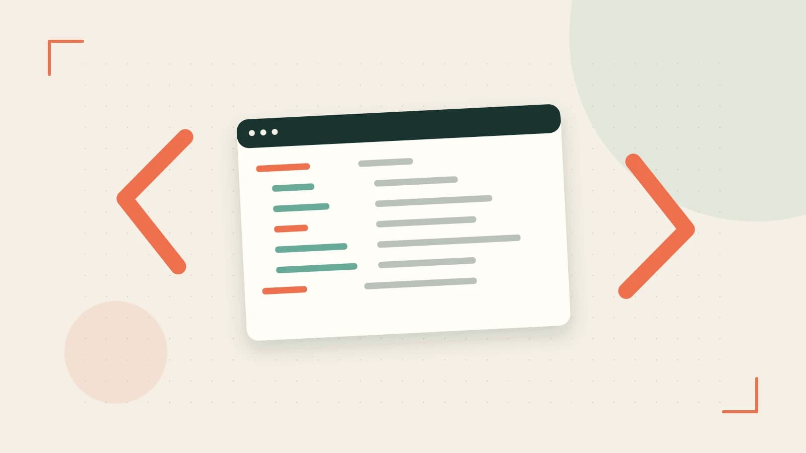 Editorial illustration of an abstract code editor, syntax blocks and oversized programming brackets