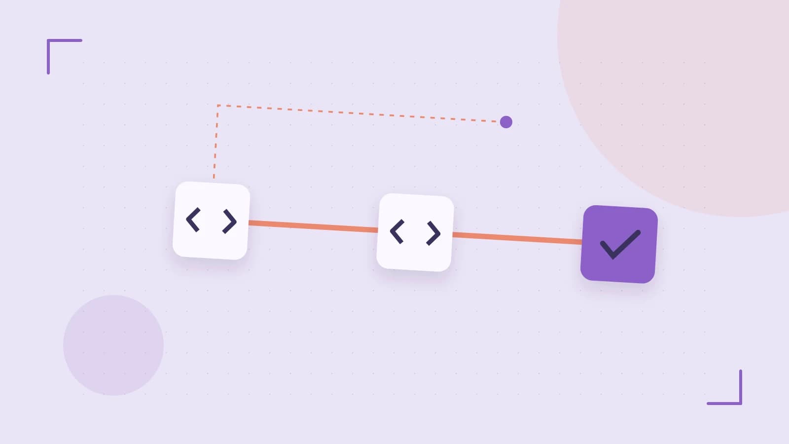 Editorial illustration of a branching build pipeline, staged transformations and a completed check