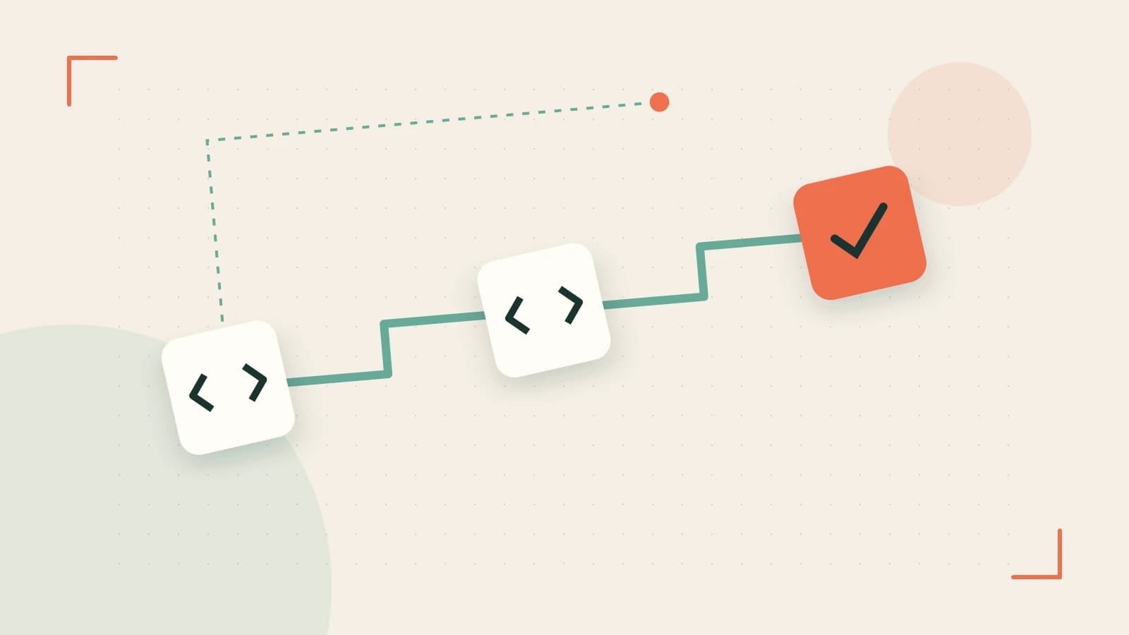 Editorial illustration of a branching build pipeline, staged transformations and a completed check