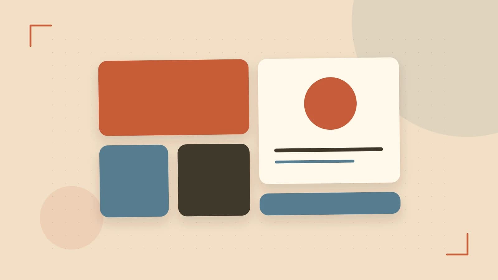 Editorial illustration of responsive browser layouts, overlapping design components and a color system