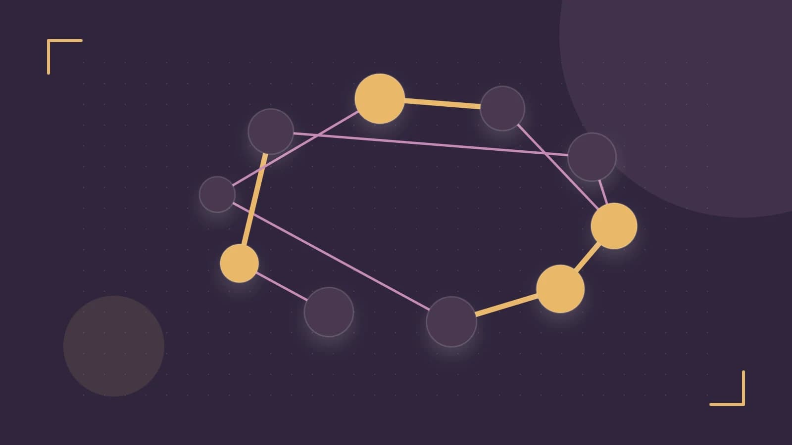 Editorial illustration of an algorithmic node graph with branching paths and a highlighted result