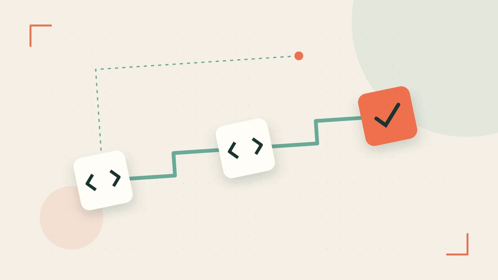 Editorial illustration of a branching build pipeline, staged transformations and a completed check