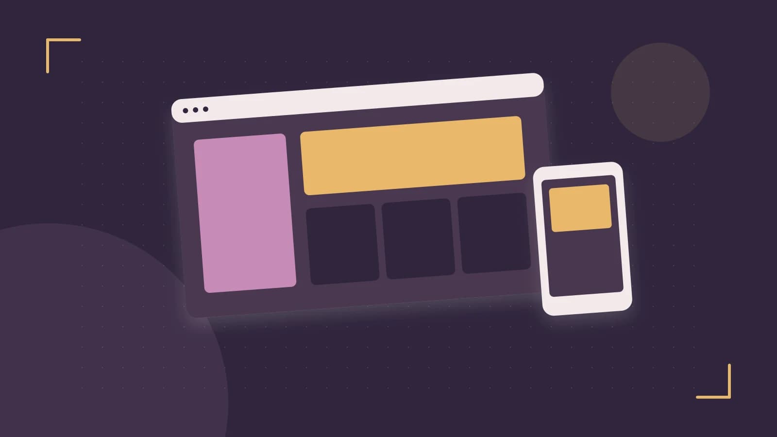 Editorial illustration of responsive browser layouts, overlapping design components and a color system