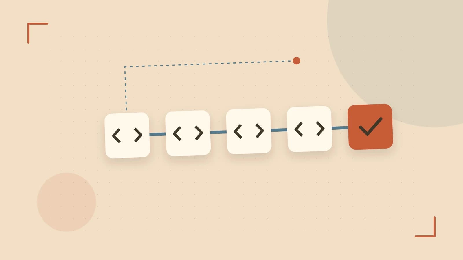 Editorial illustration of a branching build pipeline, staged transformations and a completed check