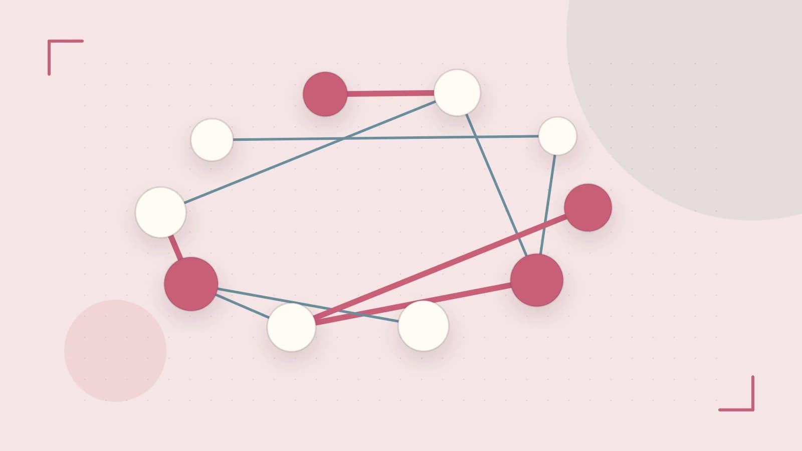 Editorial illustration of an algorithmic node graph with branching paths and a highlighted result