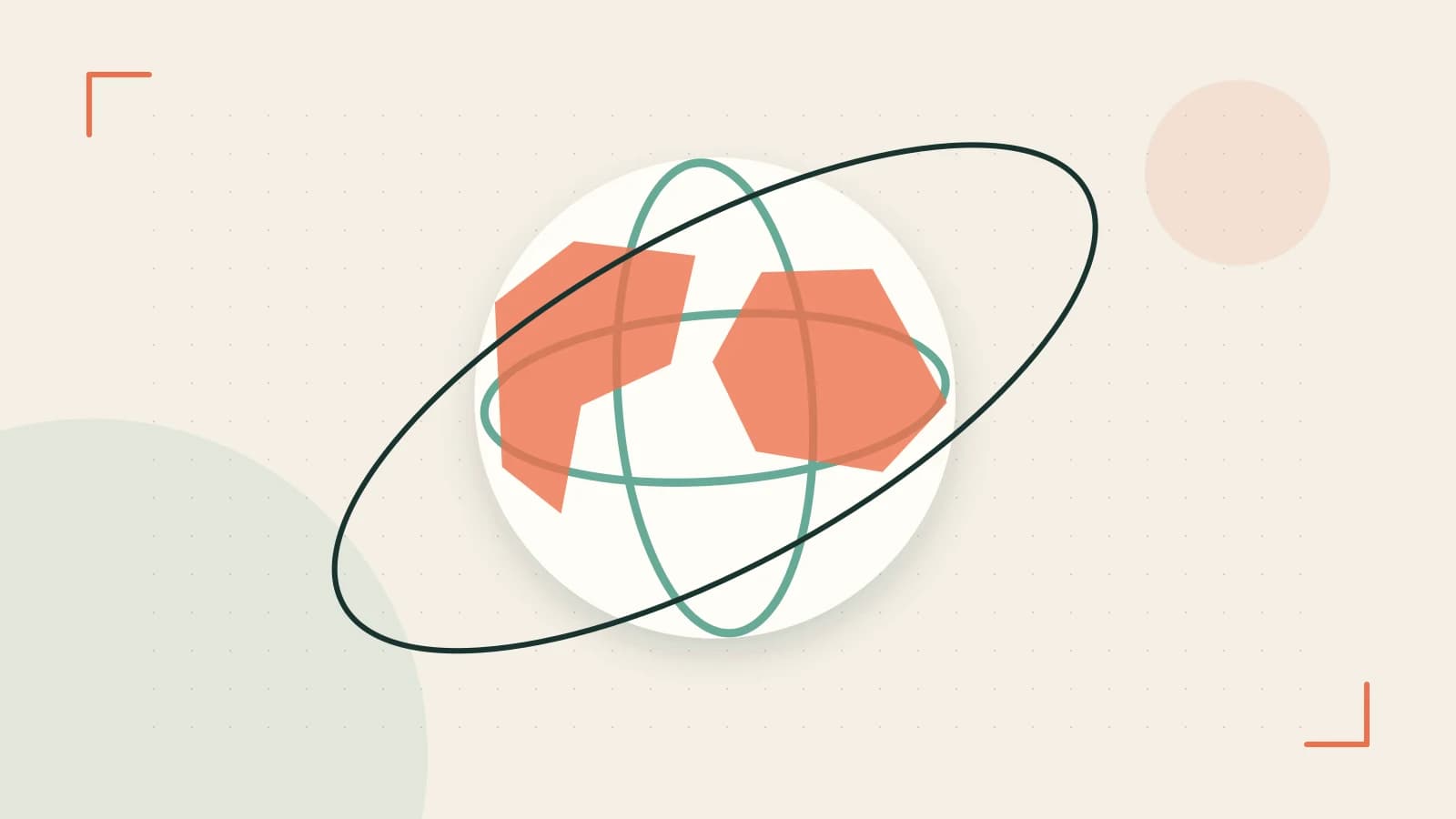 Editorial illustration of an editorial globe with meridians and layered geographic shapes