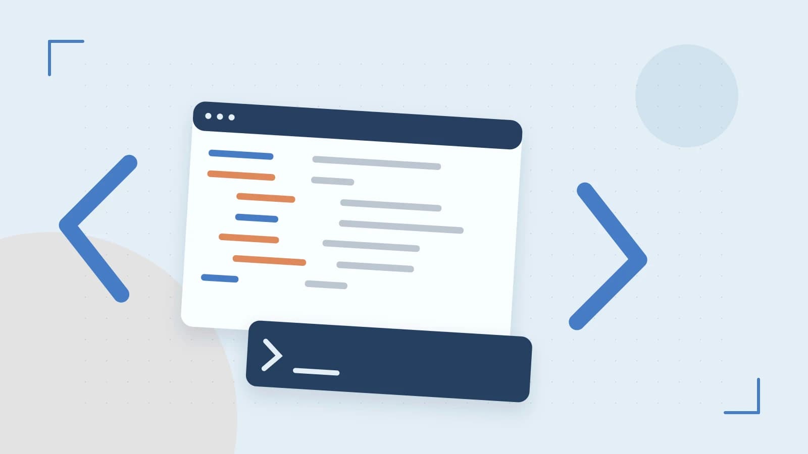 Editorial illustration of an abstract code editor, syntax blocks and oversized programming brackets