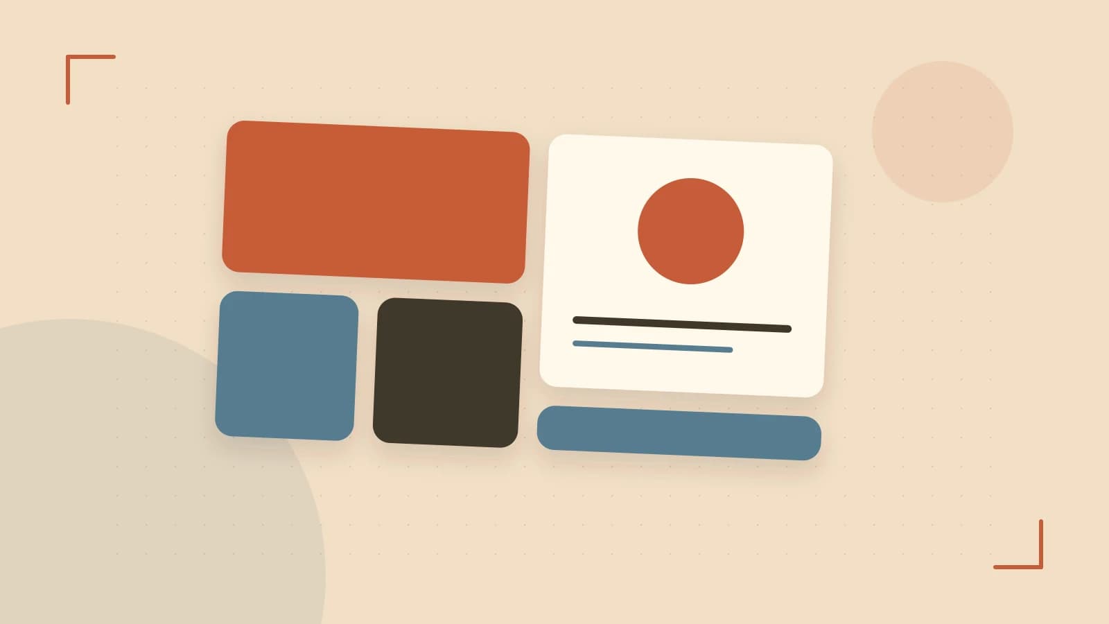 Editorial illustration of responsive browser layouts, overlapping design components and a color system