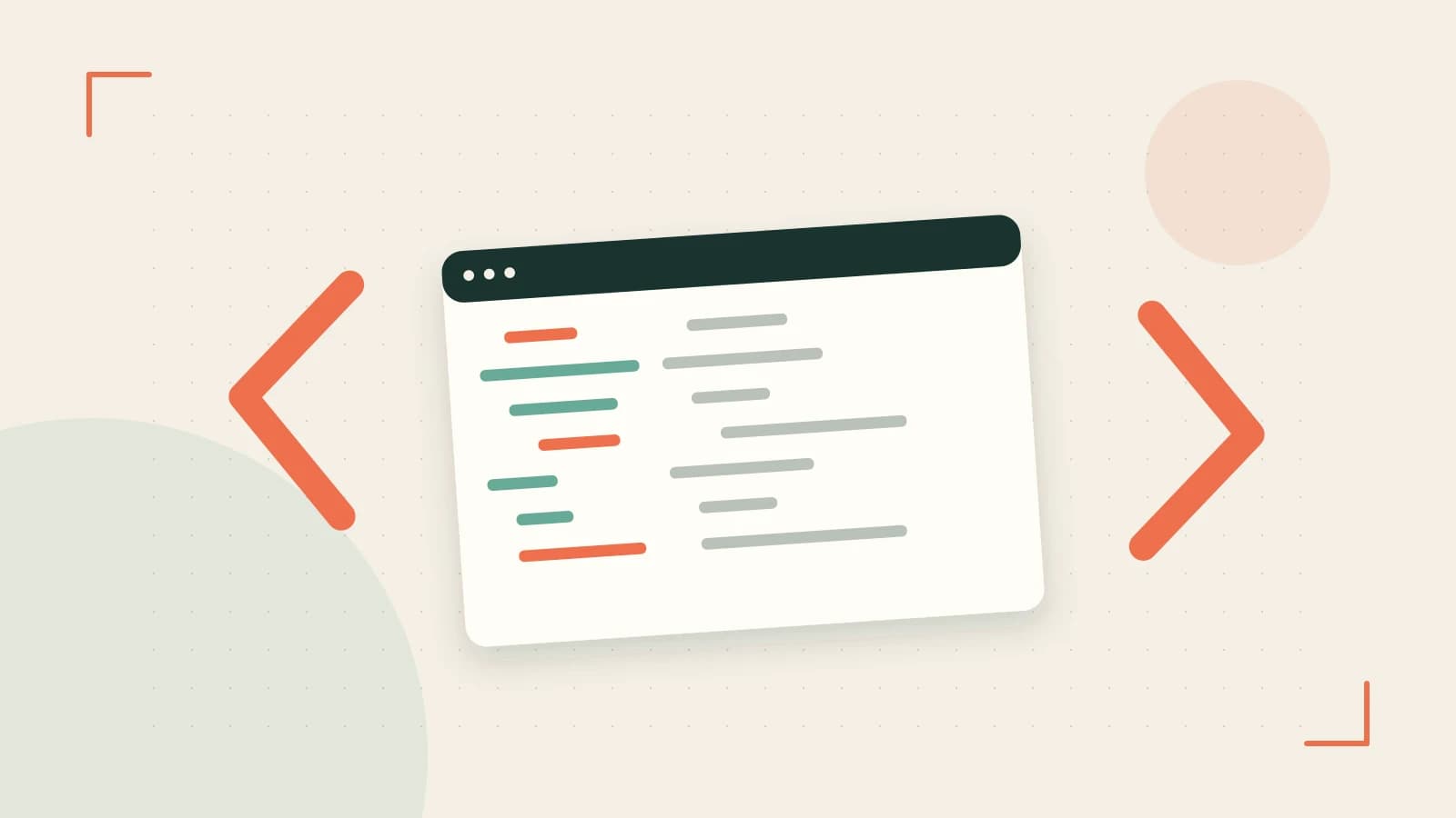 Editorial illustration of an abstract code editor, syntax blocks and oversized programming brackets