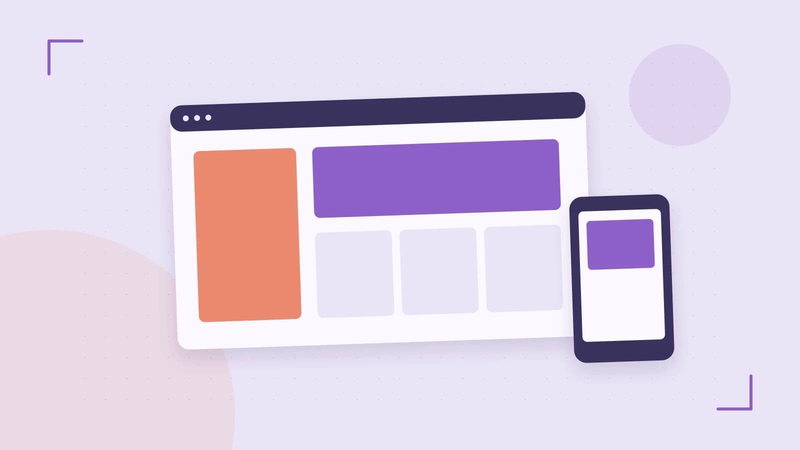 Editorial illustration of responsive browser layouts, overlapping design components and a color system