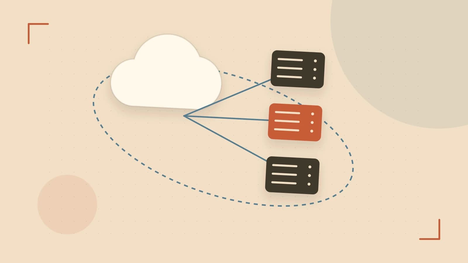 Editorial illustration of cloud infrastructure, connected server racks and an orbital service map