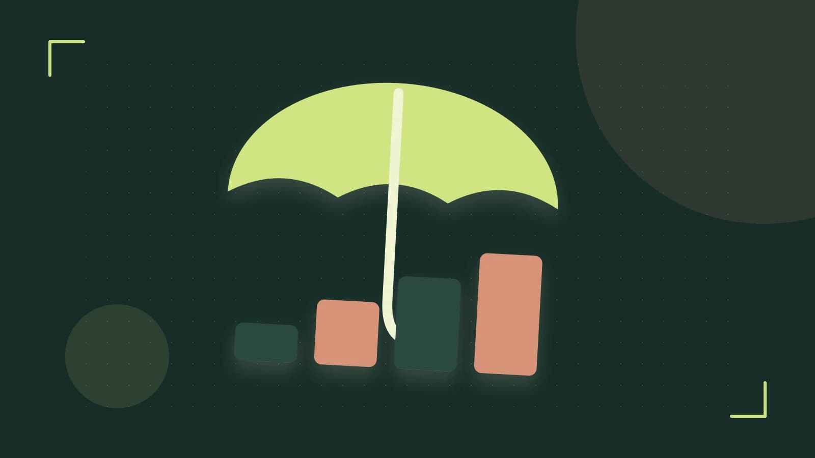 Editorial illustration of abstract coins, a payment card and a geometric financial chart without data labels