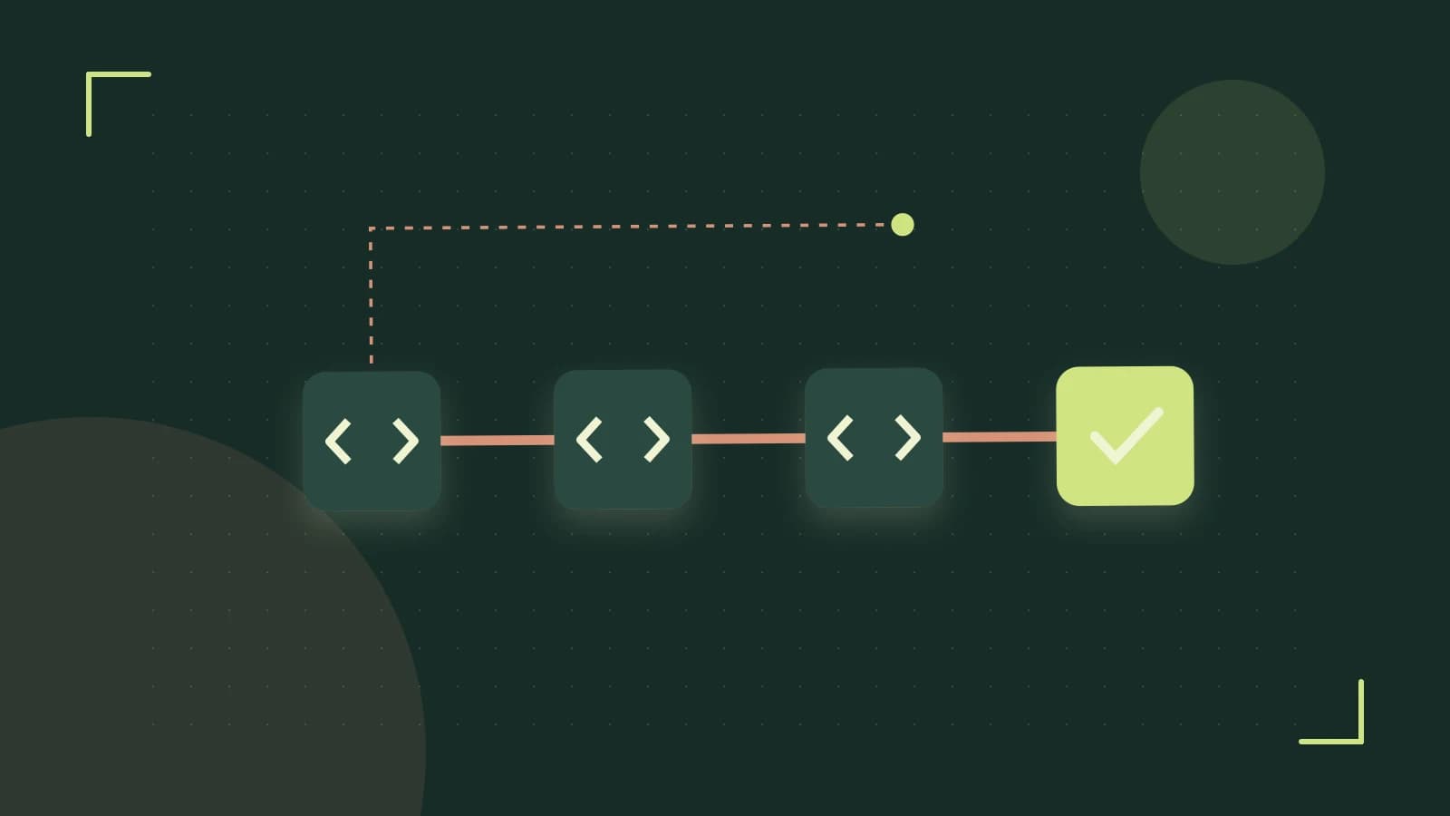 Editorial illustration of a branching build pipeline, staged transformations and a completed check