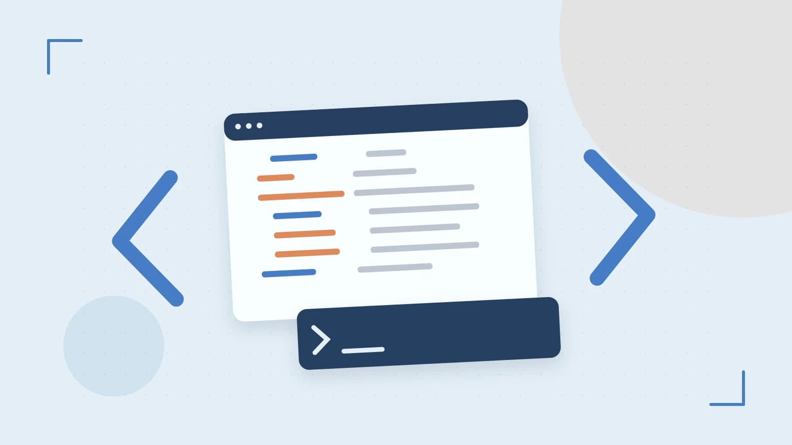 Editorial illustration of an abstract code editor, syntax blocks and oversized programming brackets